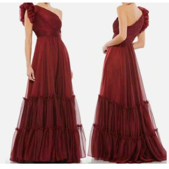 MAC DUGGAL 67878 ORGANZA ONE SHOULDER PLEATED WINE GOWN sz 8 - Picture 1 of 3